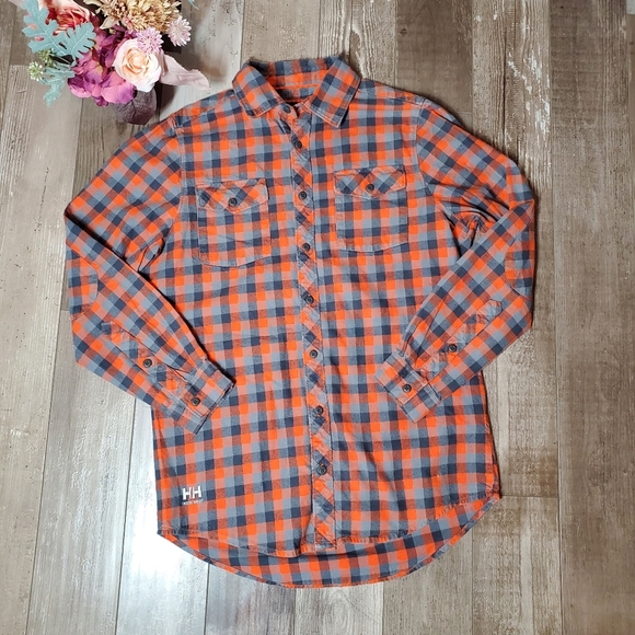 Helly Hansen Orange and Gray Plaid Vancouver Flannel Shirt Men's Size XS EUC - Picture 1 of 16